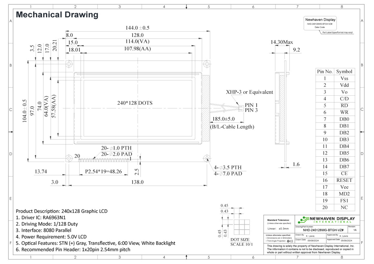 DIMENSIONS☆CHARTS&CHARMSキット 240X128 Graphic LCD Module | STN+ Gray Display with White
