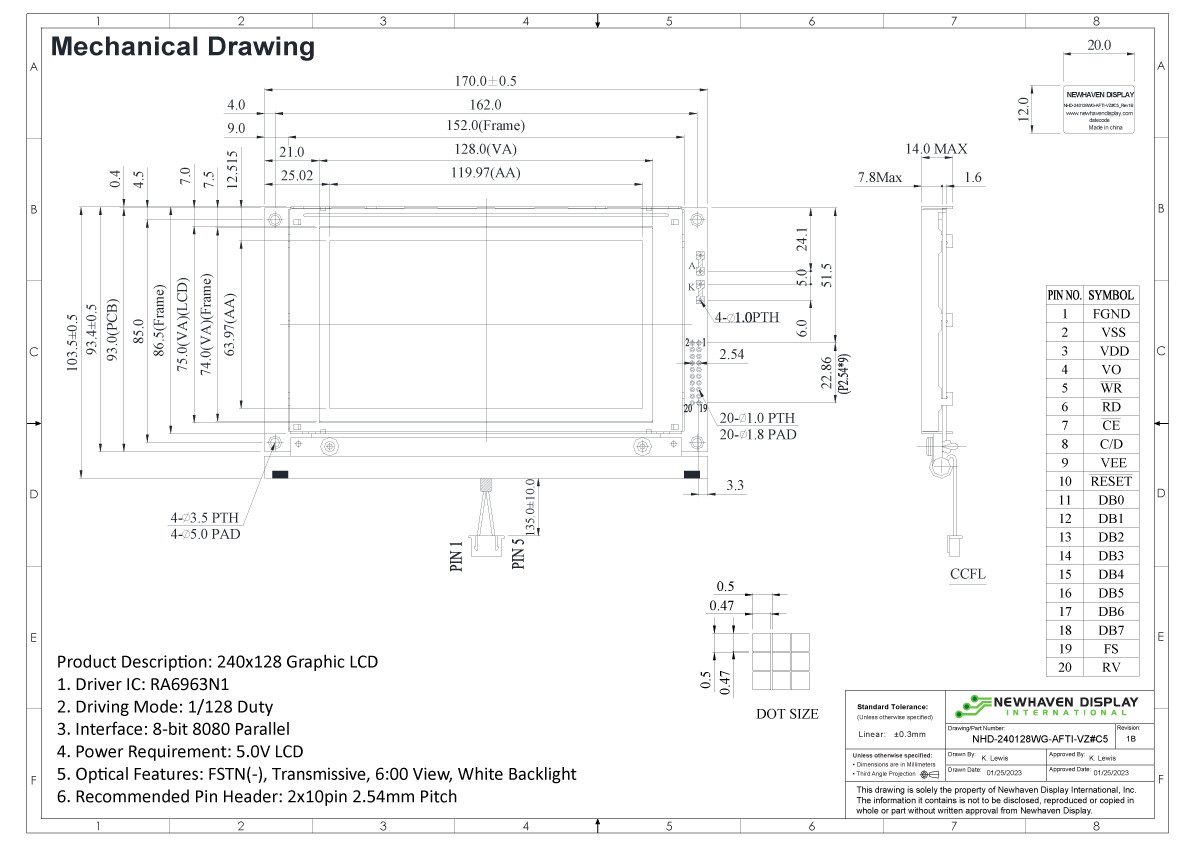 240x128 Graphic LCD Module | FSTN- with CCFL Backlight + 5-Pin
