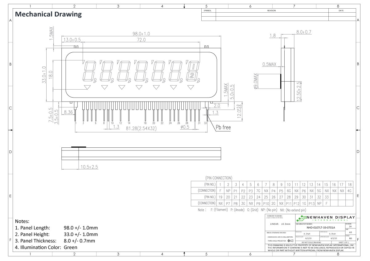 7x1 Character VFD Glass Display 7-Segment Display