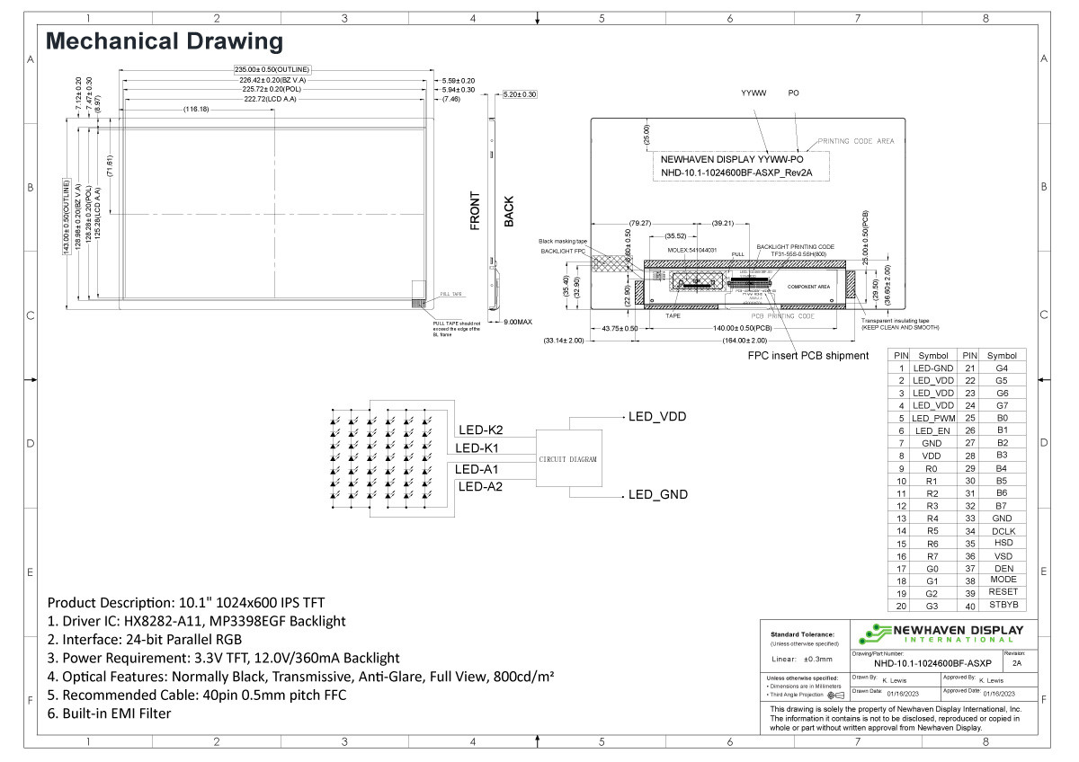 10.1 inch IPS 1024x600 Resolution TFT LCD