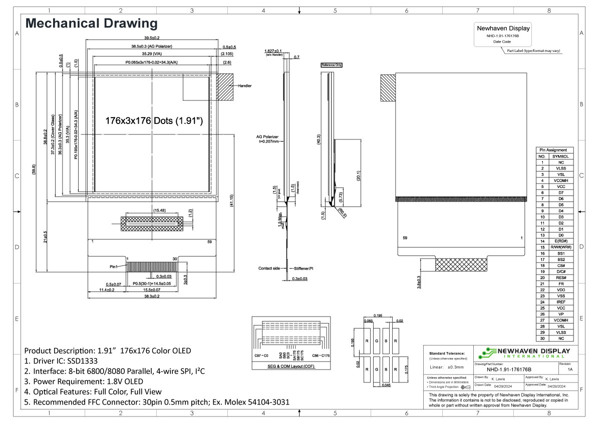 1.91インチカラーOLEDガラス、176x176解像度