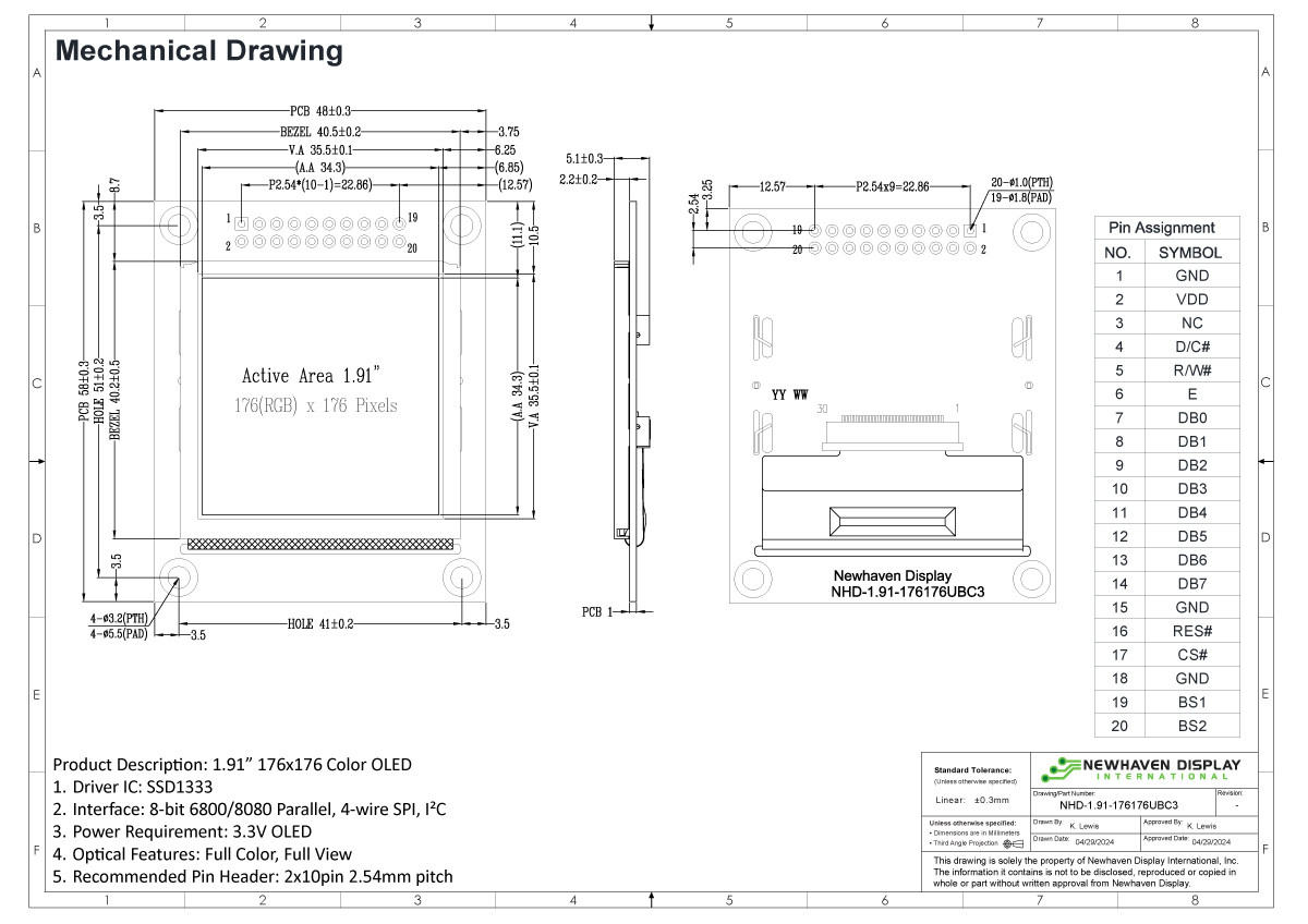 1.91インチカラーOLEDモジュール（176x176解像度）