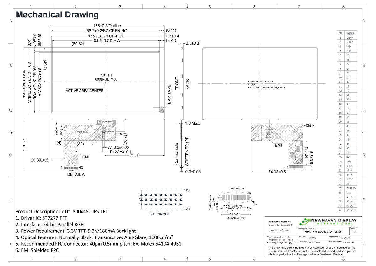 Nathページ 7 inch IPS 800x480 Resolution TFT LCD