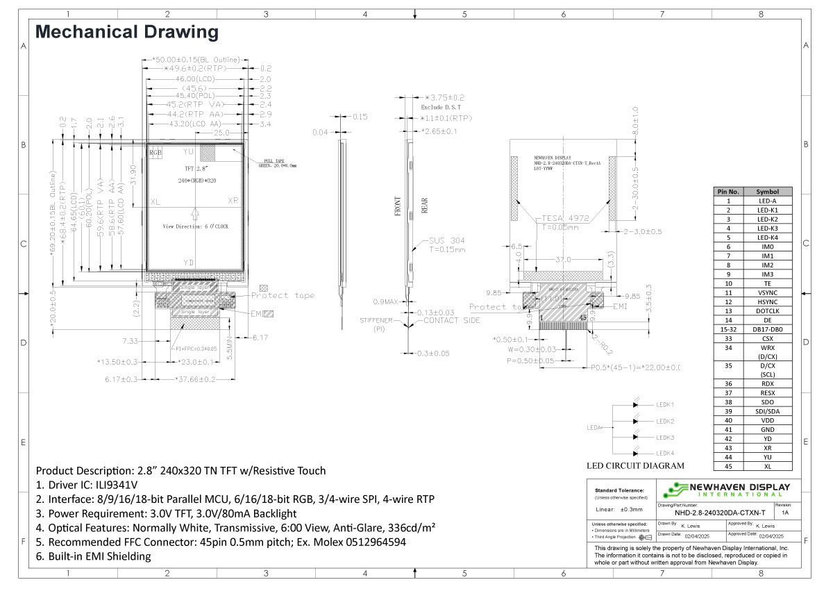 2.8 inch Standard TN LCD TFT with Resistive Touchscreen
