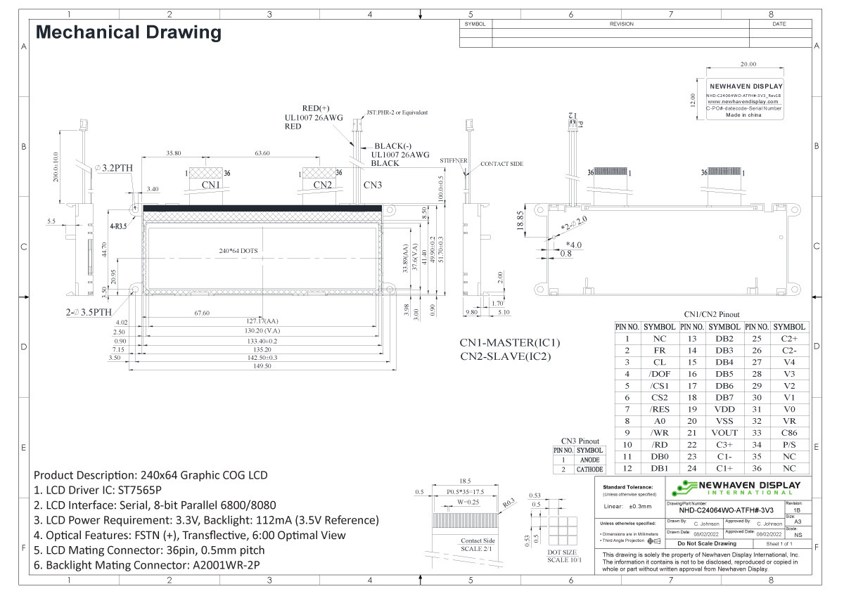 240x64 Graphic COG LCD | 3.3V Display FSTN+ with White Backlight