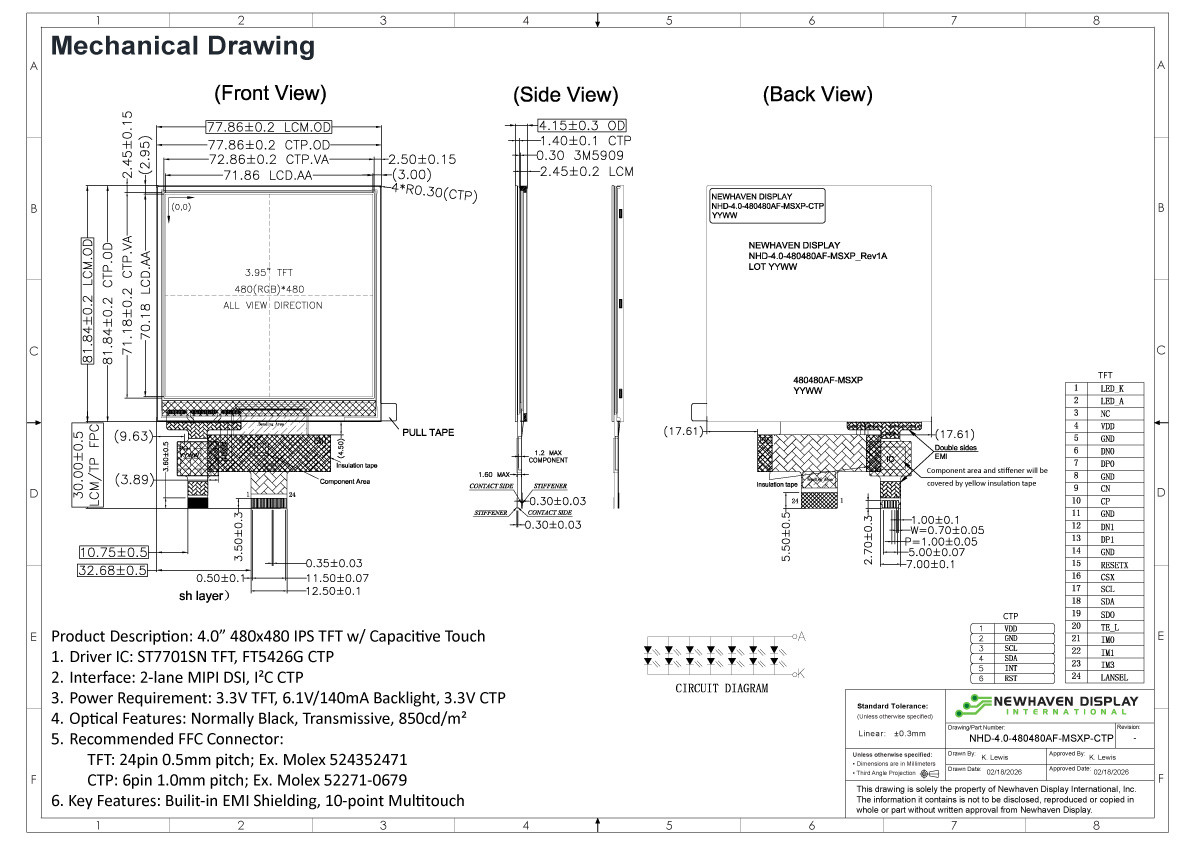4.0 Inch Square 480x480 Pixel IPS TFT Display with MIPI DSI