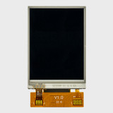 Front view of a 2.4-inch TFT LCD with an attached  20-pin ZIF FPC cable and an inactive black screen.