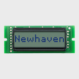 Front view of an 8x1 character LCD with an unlit STN+ gray screen showing the word Newhaven in dark text.
