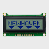 Front view of an 8x1 character LCD with an unlit STN+ gray screen showing the word Newhaven and four triangle icons below it in dark text.
