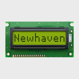 Front view of an 8x1 character LCD with an unlit STN+ yellow-green screen showing the word Newhaven in dark text.