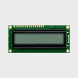 Front view of an unlit 16x1 character LCD with a blank STN+ gray screen.