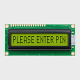 Front view of an unlit 16x1 character LCD with a STN+ yellow-green screen showing Please Enter Pin in dark text.