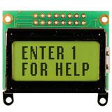 Front view of an unlit 8x2 character LCD with a STN+ yellow-green screen showing Enter 1 on the first line and For Help on the second in dark text.