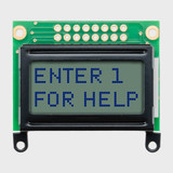 Front view of an unlit 8x2 character LCD with a STN+ gray screen showing Enter 1 on the first line and For Help on the second in dark text.