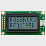 Front view of an unlit 8x2 character LCD with a STN+ gray screen showing the words Password on the first line and Required on the second in dark text.