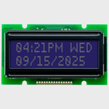 12x2 문자 LCD 모듈의 정면 모습으로, 어두운 파란색 배경 위에 어두운 회색 픽셀이 표시되어 백라이트가 꺼져 있음을 나타냅니다.