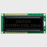 Front view of a 16x2 character LCD with unlit white text showing a warning message on an FSTN negative black background.