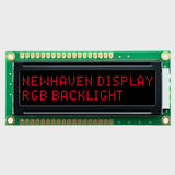 An animated front view of a 16x2 character LCD module showing Newhaven Display RGB Backlight in text that cycles through several colors on a FSTN negative black background.