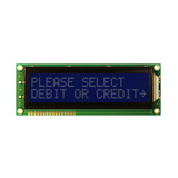 Front view of an unlit 16x2 character LCD with an unlit screen showing white text on a dark blue background.