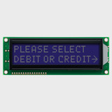 Front view of an unlit 16x2 character LCD with an unlit screen showing white text on a dark blue background.