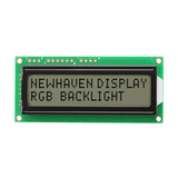 Animated front view of a 16x2 character LCD with a backlit screen showing several cycling colors and dark text.