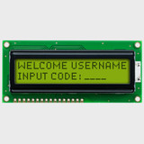 Front view of an unlit 16x2 character LCD with an STN+ yellow-green screen showing a password input prompt in dark text.