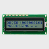 Front view of an unlit 16x2 character LCD with a STN+ gray screen showing dark text.