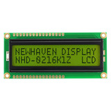 Front view of an unlit 16x2 character LCD with an STN+ yellow-green screen showing dark text.