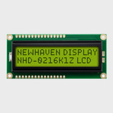Front view of an unlit 16x2 character LCD with an STN+ yellow-green screen showing Newhaven Display and part of the model number in dark text.