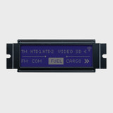 Front view of a 122x32 pixel graphic LCD showing a simple information readout made of white pixels on an unlit STN- blue screen.