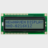 Front view of an unlit 16x2 character LCD with an STN+ gray screen showing Newhaven Display and part of the model number in dark text.