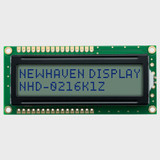 Front view of an unlit 16x2 character LCD with an STN+ gray screen showing Newhaven Display and part of the model number in dark text.