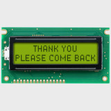 Front view of an unlit 16x2 character LCD with an STN+ yellow-green screen showing dark text.