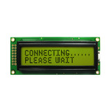 Front view of an unlit 16x2 character LCD with an STN+ yellow-green screen showing dark text.
