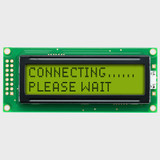 Front view of an unlit 16x2 character LCD with an STN+ yellow-green screen showing a connection status message in dark text.