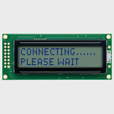 Front view of an unlit 16x2 character LCD with an STN+ gray screen showing a connection status message in dark text