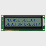 Framifrån sett på en släckt 16x2-teckens LCD-skärm med en STN+ grå skärm som visar mörk text.