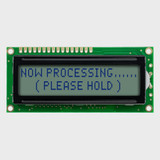 Front view of an unlit 20x2 character LCD with a STN+ gray screen showing a processing status notification in dark text.