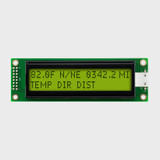Front view of an unlit 20x2 character LCD with an STN+ yellow-green screen showing dark text.