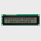 Front view of an unlit 20x2 character LCD with a FSTN+ gray screen showing a results processing notification in dark text.