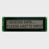 Front view of an unlit 20x2 character LCD with a FSTN+ gray screen showing a data transfer status notification in dark text.