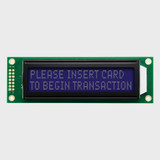 Front view of an unlit 20x2 character LCD with an unlit screen showing payment instructions in white text on a dark blue background.