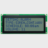 Front view of an unlit 20x4 character LCD with an STN+ gray screen showing dark text.