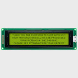 Widok z przodu nieoświetlonego wyświetlacza LCD o rozmiarze 40x4 znaków z ekranem STN+ w kolorze żółto-zielonym, na którym widoczny jest ciemny tekst.