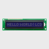 Front view of an unlit 16x1 character LCD with a STN- blue screen showing Hello World! LCD in white text.