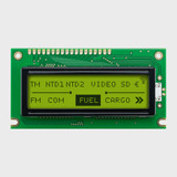 Front view of a 122x32 pixel graphic LCD showing a simple information readout made of dark pixels on an unlit STN+ yellow-green screen.