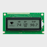 Front view of a 122x32 pixel graphic LCD showing a simple information readout made of dark pixels on an unlit STN+ gray screen.