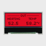 Front view of a 128x32 graphic COG LCD showing dark pixels on a background that cycles through different backlight colors to show the RGB capabilities.