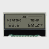 Front view of a 128x32 graphic COG LCD showing black text on an unlit FSTN+ gray background.