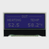 Front view of a 128x32 graphic COG LCD showing dark pixels on a dark blue background depicting backlight off.